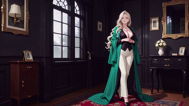 Green Suit Blonde Goddess! Lazy Kneeling on Deep Blue Silk Sheets, Pearls Barely Visible, Fingertips Touching Lips... Who Can Resist This Contrast?