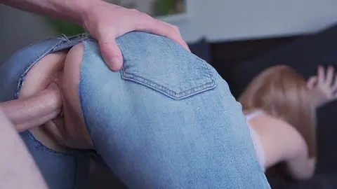 Rough Doggystyle with Stepsister in Ripped Jeans