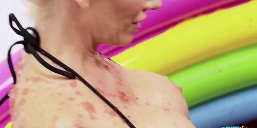 These busty British lesbians have a kink for food as they roll around and rub t