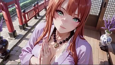 AI- Red-haired Kimono Goddess&excl; Kneeling under the sacred Torii gate&comma; she adjusts her soaked backless outfit with a shy gaze&period; Watch as liquid drips down her collarbone in this intimate shrine fantasy&period;