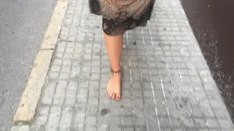 Hippie Chick Walks Barefoot in Public Street Scene